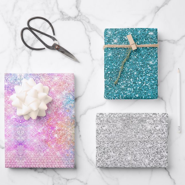 Feuille De Papier Cadeau Élégant girly iridescente faux strass unicorne (Recto)