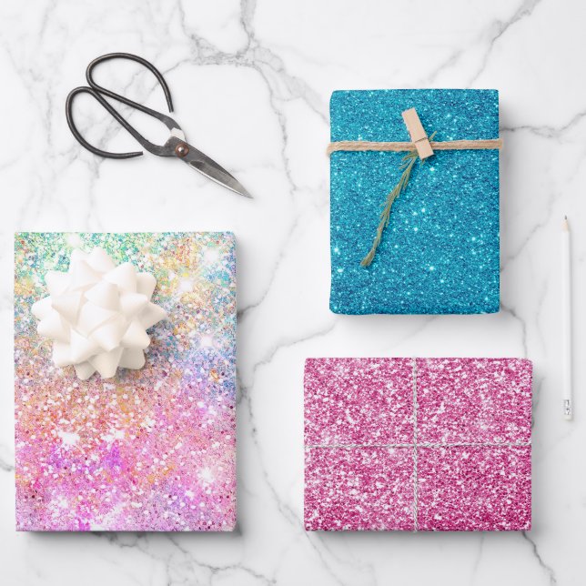 Feuille De Papier Cadeau Elégant girly iridescente licorne arc-en-ciel (Recto)