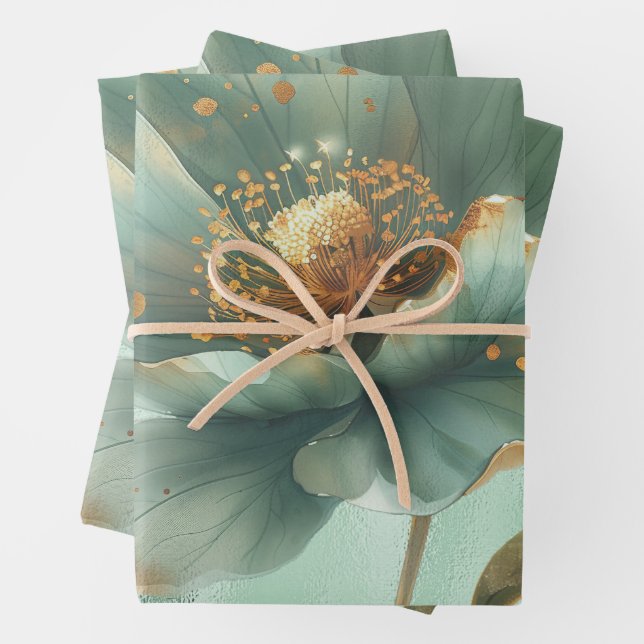 Feuille De Papier Cadeau Elegant Gold & Emerald Poppy Wedding Wrapping  (En situation)