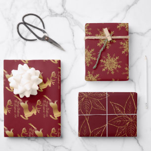 Feuille De Papier Cadeau Élégant Golden Reindeers Snowflakes et Poinsettia