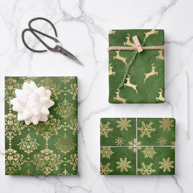 Feuille De Papier Cadeau Élégant Green Gold Damask Reindeer Snowflakes (Recto)