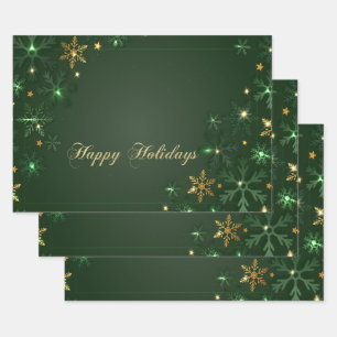 Feuille De Papier Cadeau Élégant Green Gold Snowflakes vacances