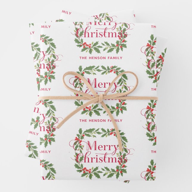 Feuille De Papier Cadeau Elegant Holly Wreath Merry Christmas (En situation)