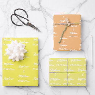 Feuille De Papier Cadeau Elégant Jaune mariée Groom Noms Mariages