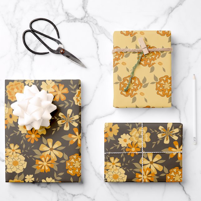 Feuille De Papier Cadeau Elégant Jaune Orange Fleurs Sur Brown (Modern Yellow Orange Illustrated Flowers Wrapping Paper Sheets from Studio Posies. )