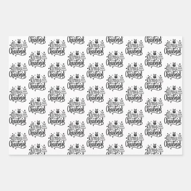 Feuille De Papier Cadeau Élégant Joyeux Noël noir blanc cadeau (Devant)