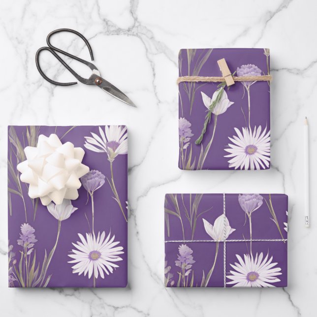 Feuille De Papier Cadeau Élégant Lavendar Blanc Boho Fleur sauvage Floral (Recto)