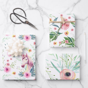 Feuille De Papier Cadeau Élégant licorne florale