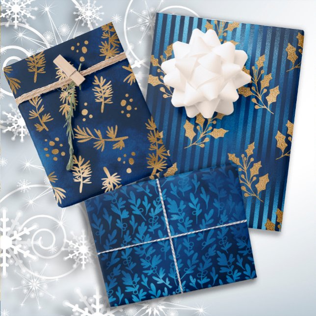 Feuille De Papier Cadeau Elégant Luxe Blue Gold Noël (Elegant blue and gold Christmas wrapping paper 3-sheet collection)