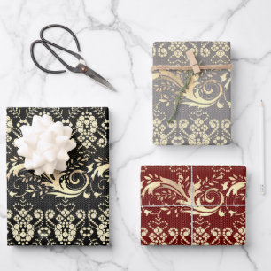 Feuille De Papier Cadeau Elégant modèle vintage de damas en or