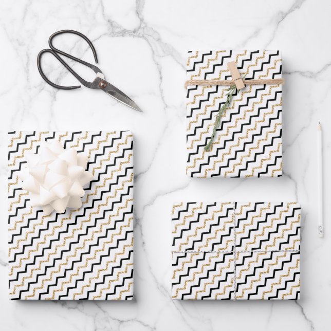 Feuille De Papier Cadeau Élégant Moderne Noir Or Zig Zag Chevron (Recto)