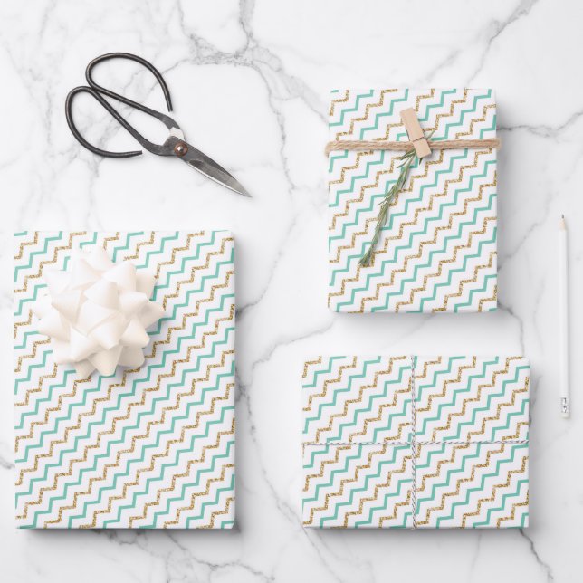 Feuille De Papier Cadeau Élégant Moderne Vert Or Chevron Zig Zag (Recto)