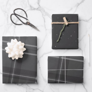 Feuille De Papier Cadeau Élégant monochrome gris plaid et étoiles