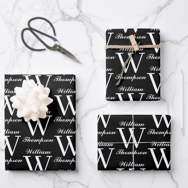 Feuille De Papier Cadeau Élégant Monogramme de calligraphie noir et blanc (Recto)