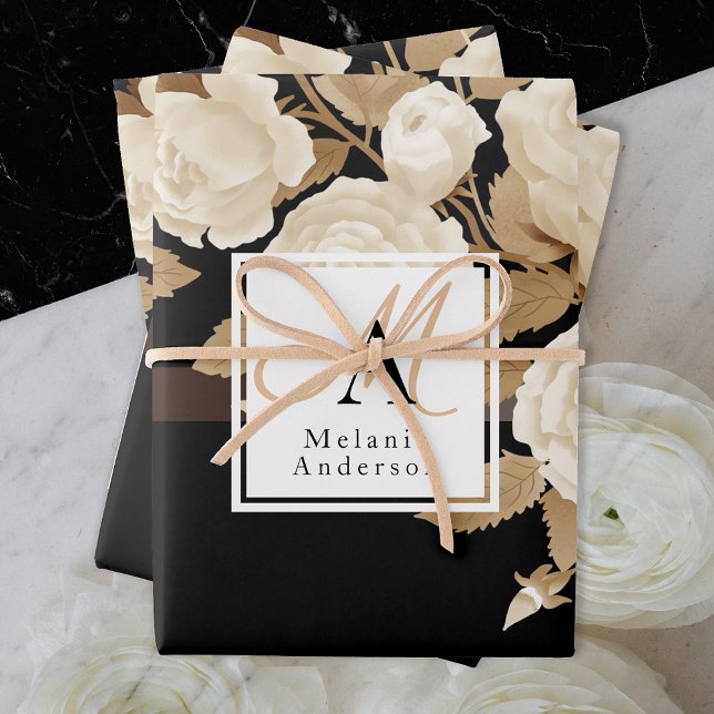 Feuille De Papier Cadeau Élégant Monogramme noir Rose or (Elegant floral design suitable for special gift for special one.)