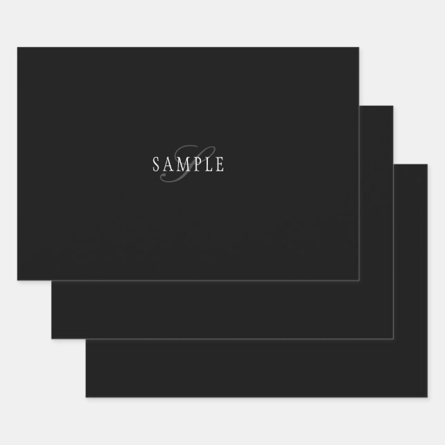 Feuille De Papier Cadeau Élégant Monogramme personnalisable | Noir gris bla (Lot)