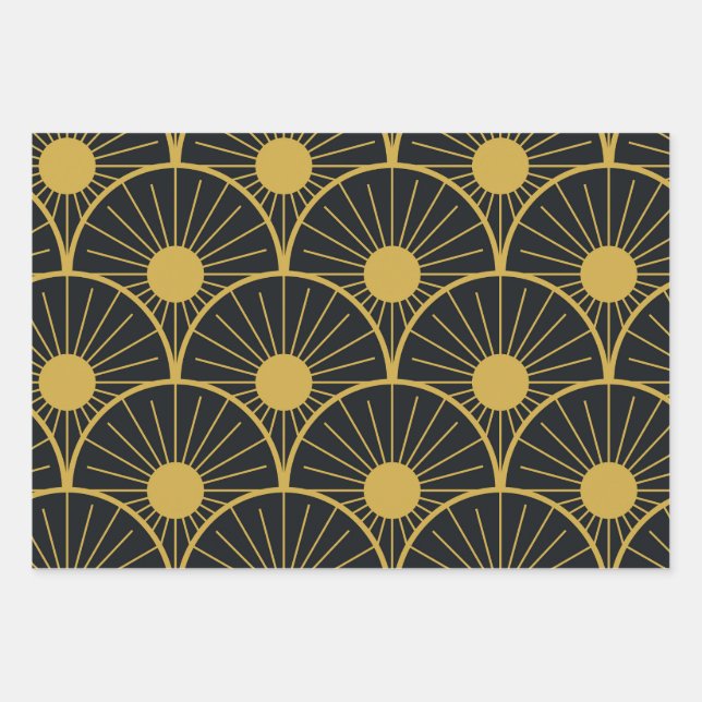 Feuille De Papier Cadeau Elégant Motif Art Déco Gold Sun sur Noir (Devant)