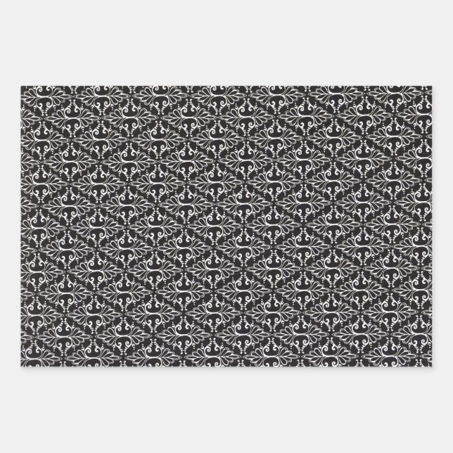 Feuille De Papier Cadeau Élégant motif de damas noir blanc fileté (Devant)