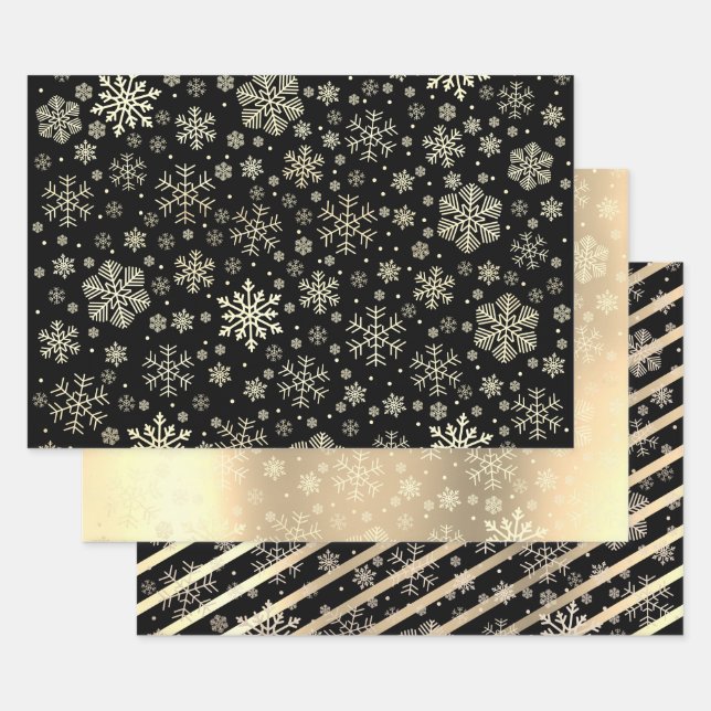 Feuille De Papier Cadeau Élégant Motif de flocon de neige Gold & Black Chri (Lot)