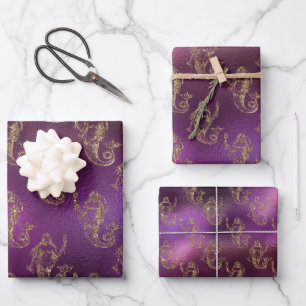 Feuille De Papier Cadeau Élégant Motif de sirène d'or violet métallique bri
