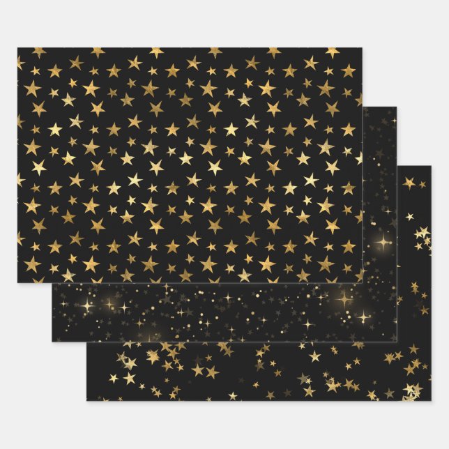Feuille De Papier Cadeau Élégant motif étoilé céleste doré (Lot)