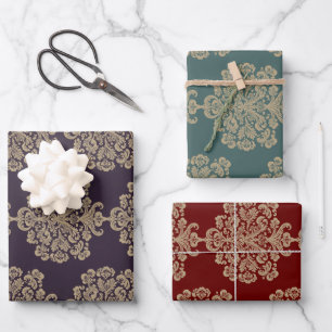 Feuille De Papier Cadeau Elégant motif floral chic or damassé
