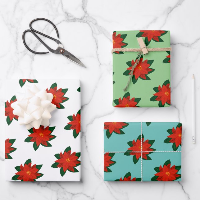 Feuille De Papier Cadeau Elégant motif floral de poinsettia de Noël (Recto)