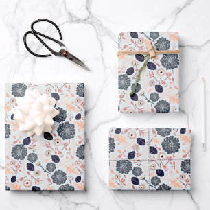 Feuille De Papier Cadeau Élégant motif floral gris bleu pêche