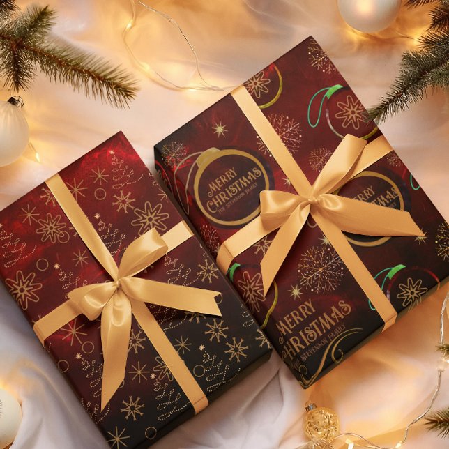Feuille De Papier Cadeau Élégant Motif RED OR Joyeux Noël (Elegant Pattern RED GOLD Merry Christmas Wrapping Paper Sheets)