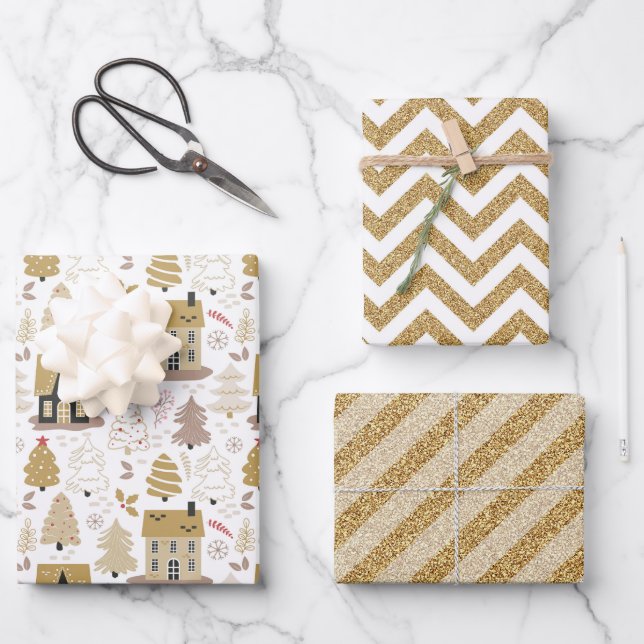 Feuille De Papier Cadeau Élégant Noël d'or (Recto)