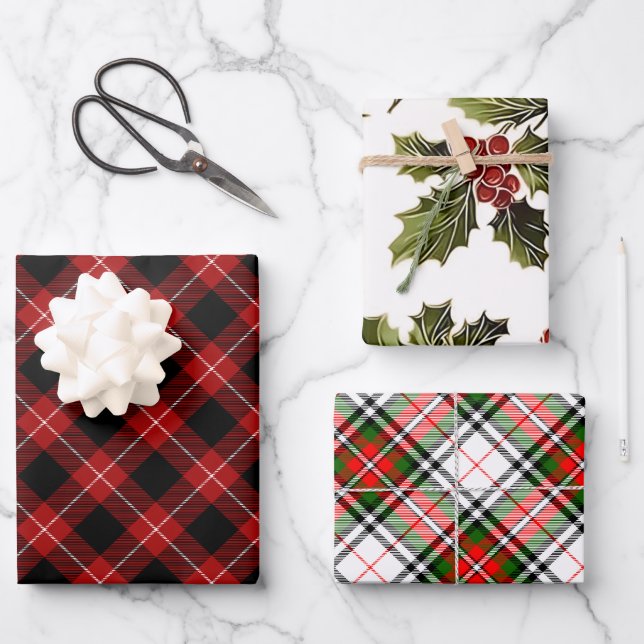 Feuille De Papier Cadeau Élégant Noël Festif Plaid et Holly (Recto)