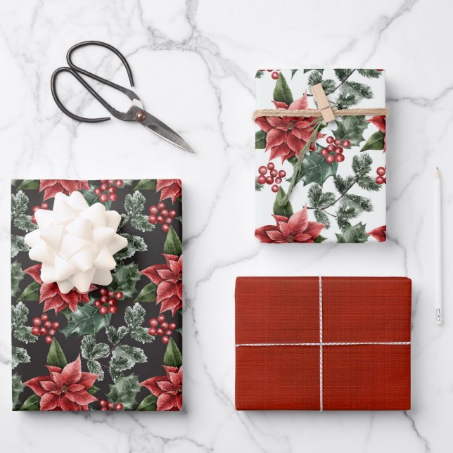 Feuille De Papier Cadeau Élégant Noël Poinsettias Variété (Recto)