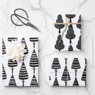 Feuille De Papier Cadeau Élégant Noir Blanc Noël Arbres de Noël