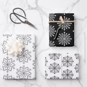 Feuille De Papier Cadeau Élégant noir blanc Noël Motif de flocon de neige
