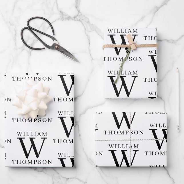 Feuille De Papier Cadeau Élégant Noir & Blanc Nom Monogramme (Recto)