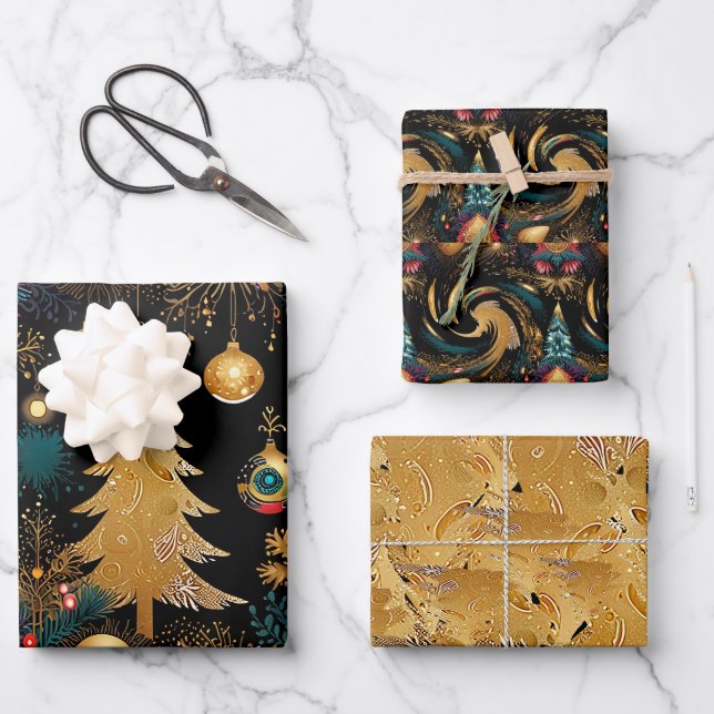 Feuille De Papier Cadeau Élégant Noir & Or Noël (Recto)