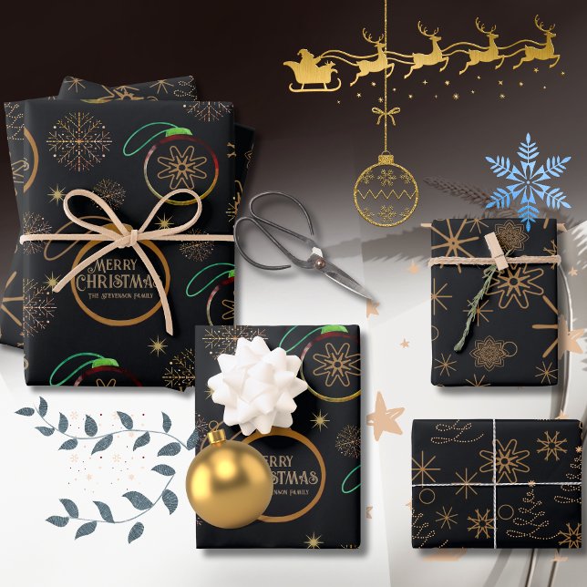 Feuille De Papier Cadeau Élégant Noir & Or Personnalisé Noël (Elegant Black & Gold Personalized Christmas Wrapping Paper Sheets)