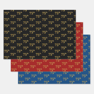 Feuille De Papier Cadeau Élégant noir, rouge, bleu, Faux Gold 75e événement