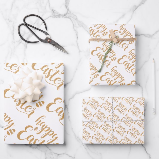 Feuille De Papier Cadeau Elégant or Joyeux Oeuf de Pâques Printemps de Pâqu (Recto)