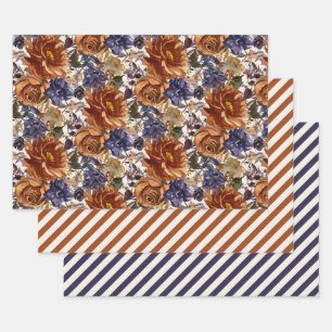Feuille De Papier Cadeau Élégant orange brûlé bleu marine automne floral