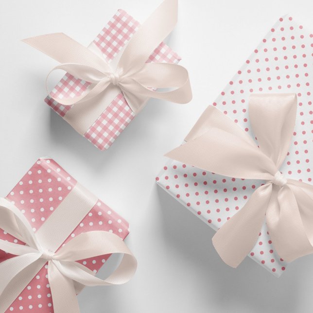 Feuille De Papier Cadeau Élégant Peach Pois roses En vichy Motif Mix (Elegant, peach pink polka dots and gingham checks pattern mix and match wrapping paper sheets.)
