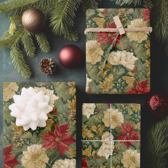 Feuille De Papier Cadeau Élégant Poinsettia Vintage Noël (Elegant Floral Christmas Gift Wrap)