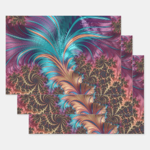 Feuille De Papier Cadeau Élégant Purple Turquoise Plumes Fractal 