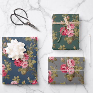 Feuille De Papier Cadeau Elégant Roses Vintages rose sur bleu/vert/gris BG