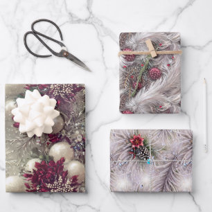 Feuille De Papier Cadeau Elégant rouge & blanc plumes de Noël perlé