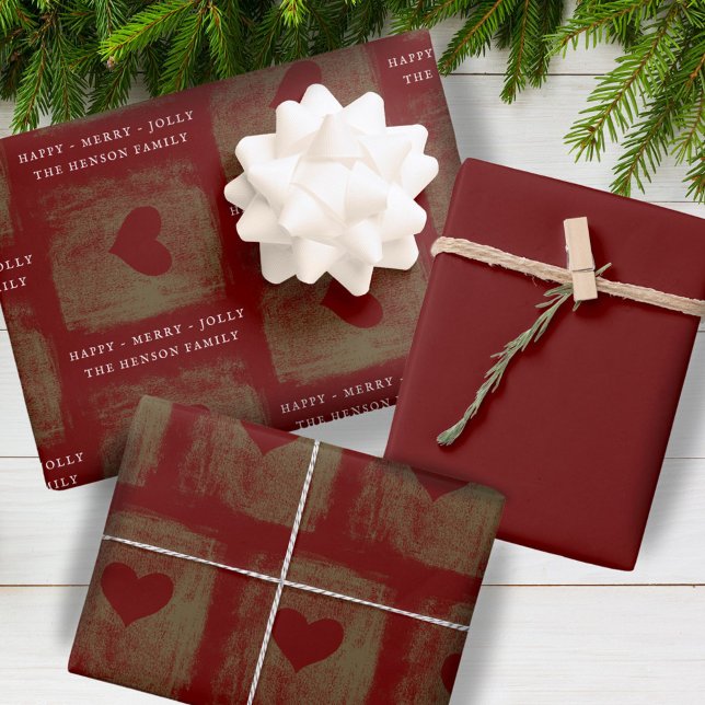 Feuille De Papier Cadeau Élégant Rouge coeur doré Dessin de famille Noël (Créateur téléchargé)