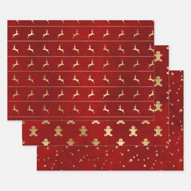 Feuille De Papier Cadeau Élégant rouge & or motifs de Noël (Lot)
