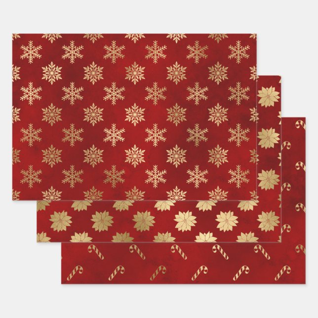 Feuille De Papier Cadeau Élégant rouge & or motifs de Noël (Lot)