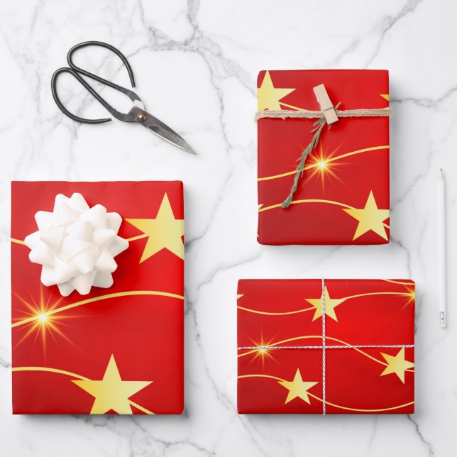 Feuille De Papier Cadeau Elégant Rouge or Noël Star Motif de vacances Guerr (Recto)