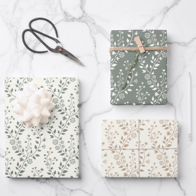 Feuille De Papier Cadeau Elegant Sage Cream Minimalist Boho Floral Pattern (Recto)